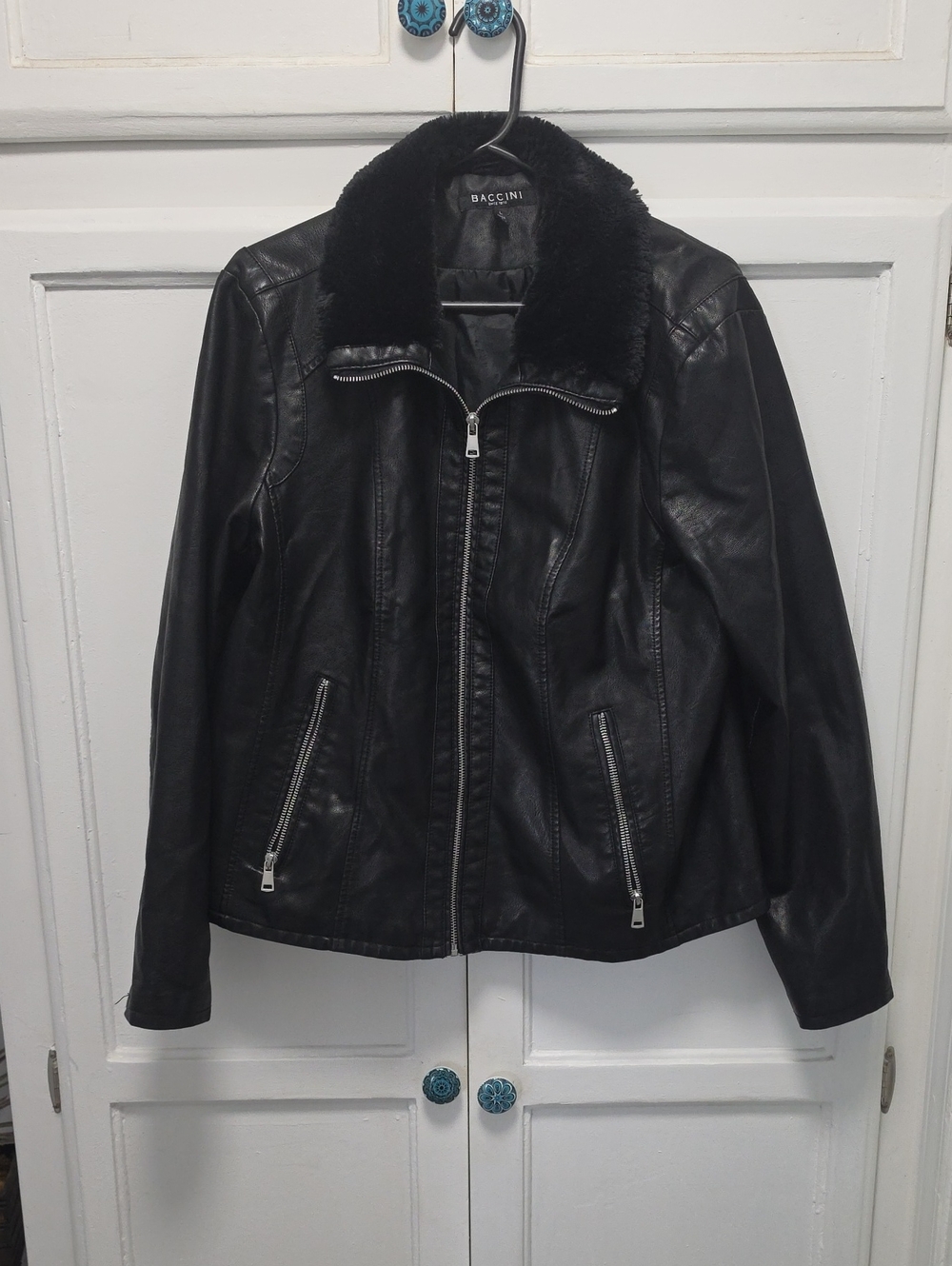 Baccini Black Faux Leather Jacket with Sherpa Collar